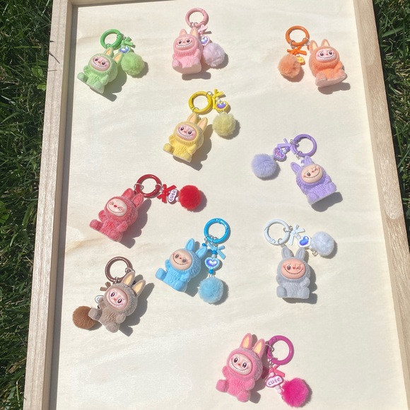 10PCs Mini Labubu Keychain Pom-pom.Fuzzy Colorful Animal Key Ring Set for Party - Picture 16 of 17